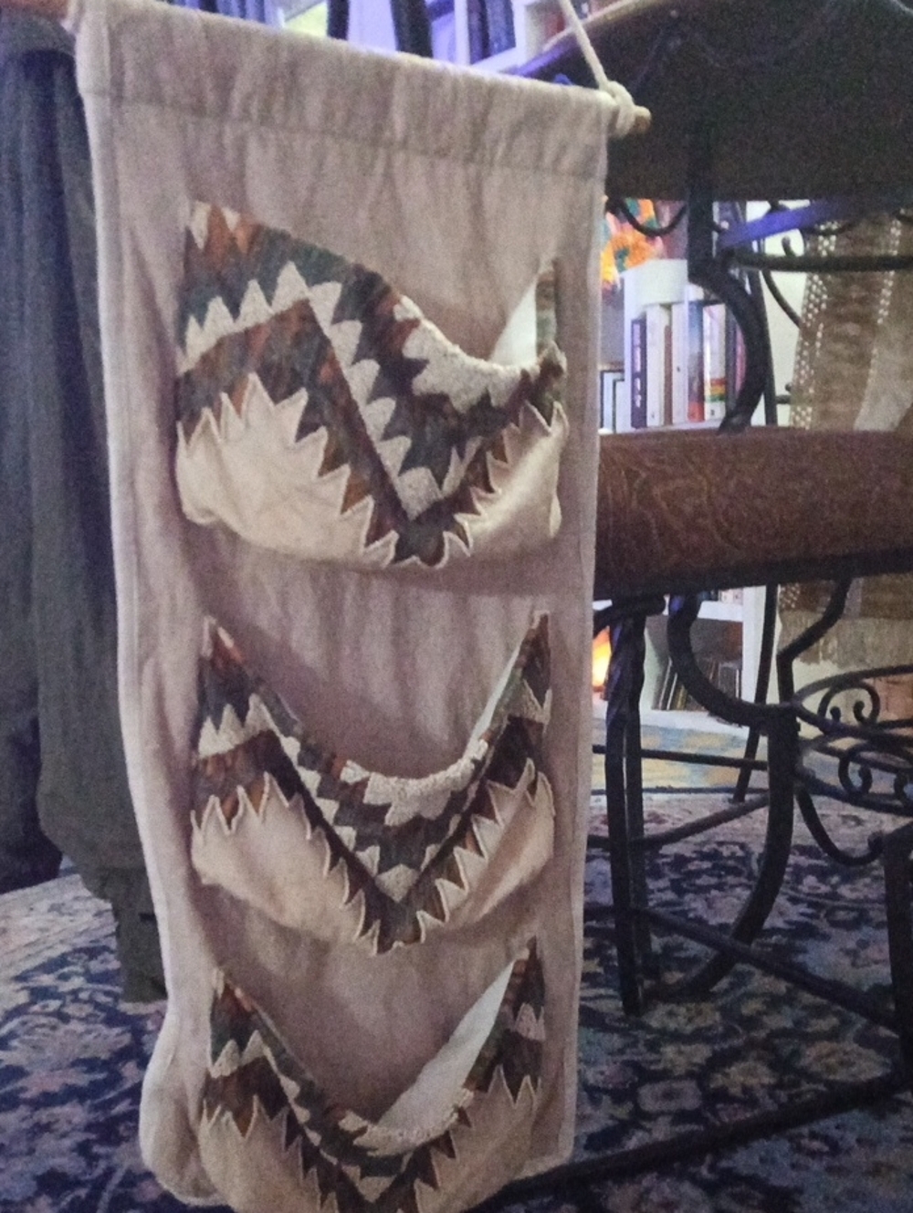 Beige Hanging Pocket Organizer with Zigzag Pattern Trim